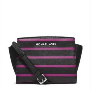 Michael Kors Mini Bag Striped Crossbody Black Violet Messenger Selma